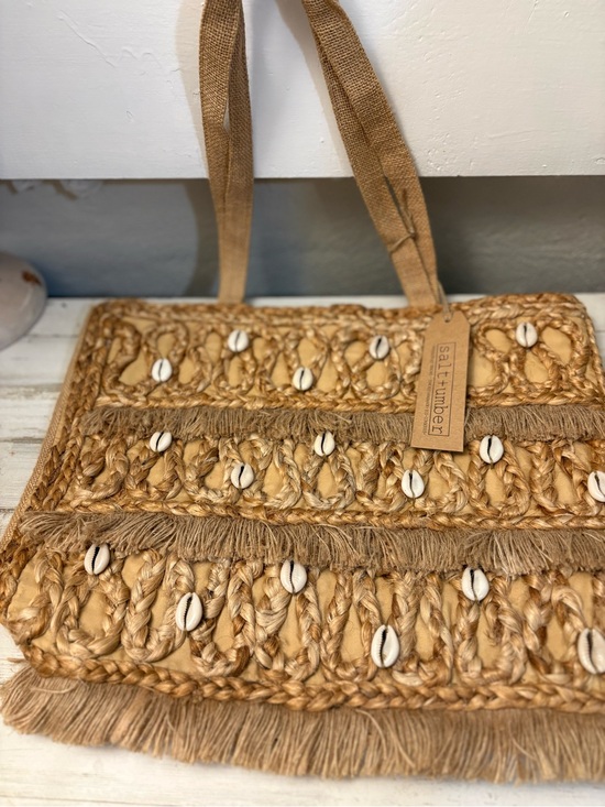 Salt + Umber Handbags - Salt + Umber Natural Straw Shell-Embellished Tote in Tan